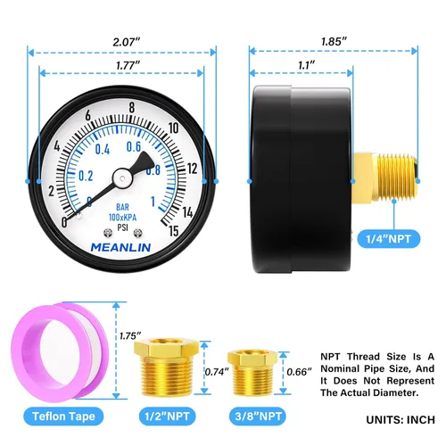 Vista 2 de MEANLIN MEASURE - Manómetro electromecánico de 2" de esfera con cara, NPT de 1/4 de pulgada, para bomba de pozo, con bujes hexagonales NPT de 1/2