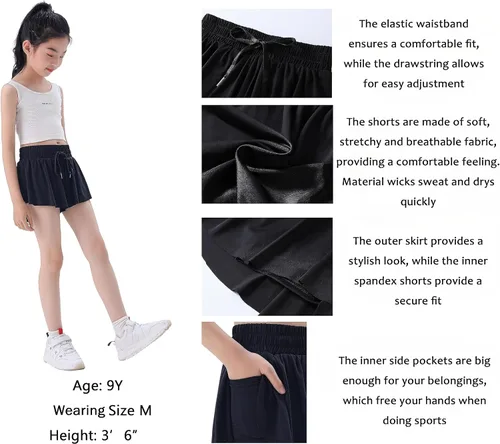 Vista 5 de Paquete de 3 pantalones cortos fluidos con bolsillos 2 en 1 para jóvenes, adolescentes y niños, faldas atléticas de mariposa para correr, deportes