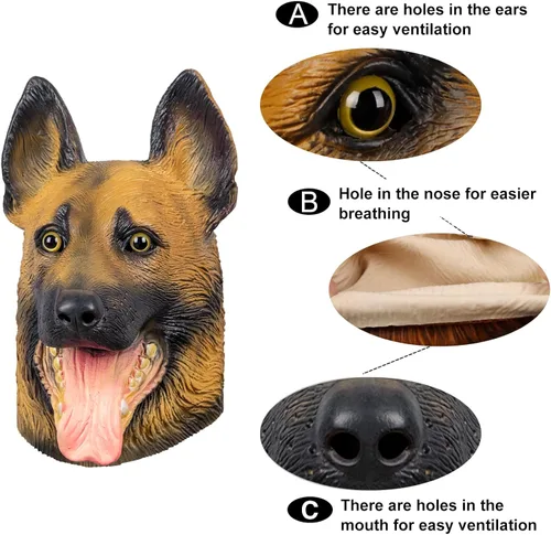 Vista 4 de Demi Sharky Máscara de perro linda para Halloween, disfraz de fiesta de animales de cabeza completa Cosplay Props látex adulto (perro pastor alemán)