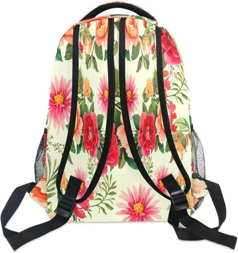 Vista 5 de Mochila escolar floral vintage, bolsa atlética para laptop para estudiantes, mochila con bolsillos laterales para viajes, senderismo, campamento