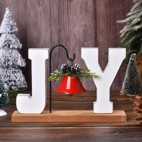 Vista 3 de Decoración navideña de madera "Joy", letrero artesanal de madera con campana, adorno de mesa rústico, centro de mesa estilo granja, bloque