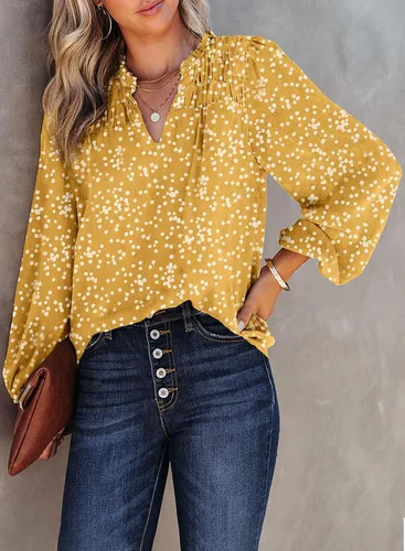 Vista 2 de Dokotoo - Camisetas de gasa para mujer, manga larga con fruncidos, cuello en V, estampado floral, blusa tipo Alicia, estilo informal y bohemio