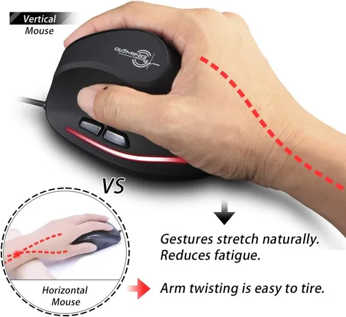 Vista 3 de zelotes - Mouse vertical ergonómico, 3200 DPI LED óptico USB con cable, 6 botones para laptop, escritorio, PC, MacBook, negro