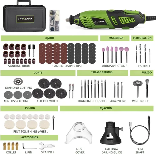Vista 2 de Kit de herramientas rotativas de 180 W, PHALANX de 1.5 amperios de 6 velocidades variables con eje flexible, multiherramienta de 8000 a 32000 RPM