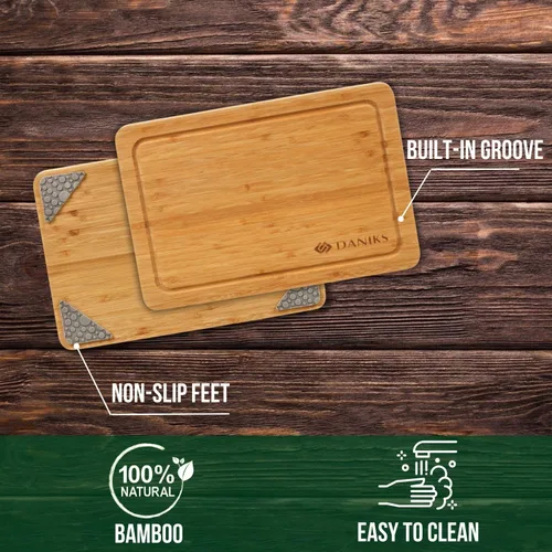 Vista 5 de Daniks Juego de 2 tablas de cortar de bambú con ranura para jugos, XL de 16 x 12 pulgadas y 13 x 9 pulgadas de largo, tablas de cortar para cocina