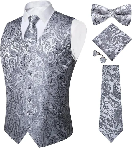 Vista 29 de DiBanGu Conjunto de 5 chalecos de seda con corbata y corbatín para hombre Paisley oro negro