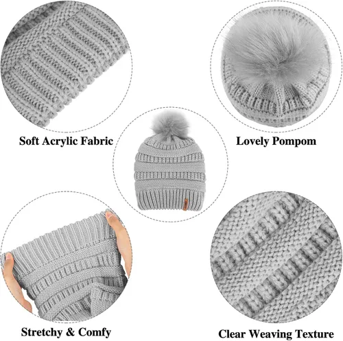 Vista 3 de Aneco Conjuntos cálidos de invierno para mujer, con pompones de piel de punto, gorro con lazo circular, bufanda para pantalla táctil, accesorios