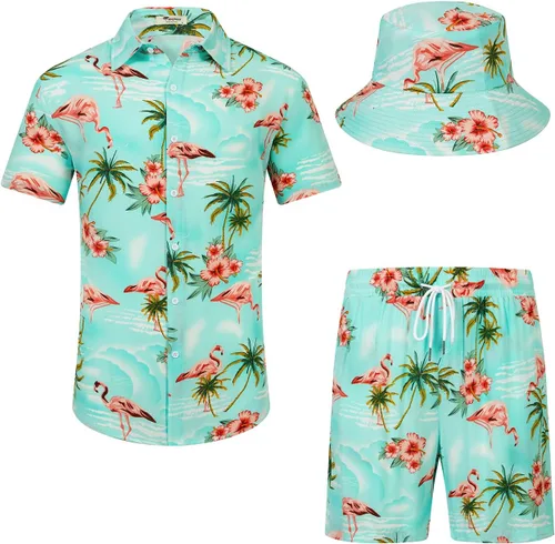 Vista 18 de EISHOPEER Conjunto hawaiano de flores para hombre, camisa de manga corta y pantalones cortos, trajes con sombreros de pescador