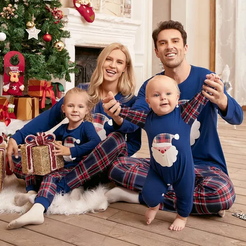 Vista 4 de Honwenle - Conjuntos de pijamas familiares de Navidad a juego, pijamas de Navidad con camiseta con estampado de Papá Noel y pantalones a cuadros