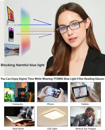 Vista 7 de Lentes de lectura elegantes para mujer, lectores con bloqueo de luz azul, anteojos para mujer, tramposos Rectangle blue light readers with