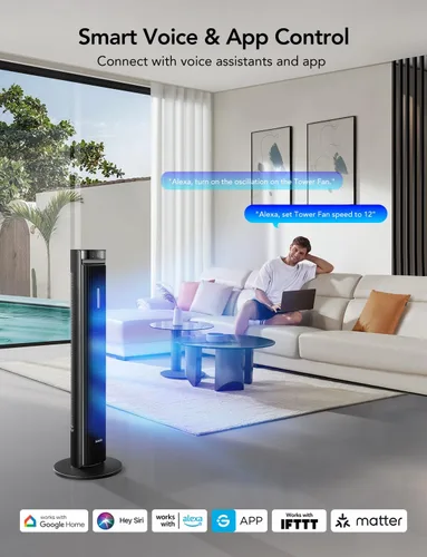 Vista 3 de GoveeLife Ventilador de torre de 42 pulgadas para dormitorio, ventiladores de piso inteligentes con oscilación ajustable de 150°, aplicación