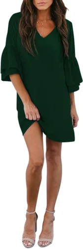 Vista 3 de BELONGSCI - Vestido veraniego para mujer, dulce y lindo, con cuello en V, mangas acampanadas, vestido de tubo, vestido mini, perfecto para bodas