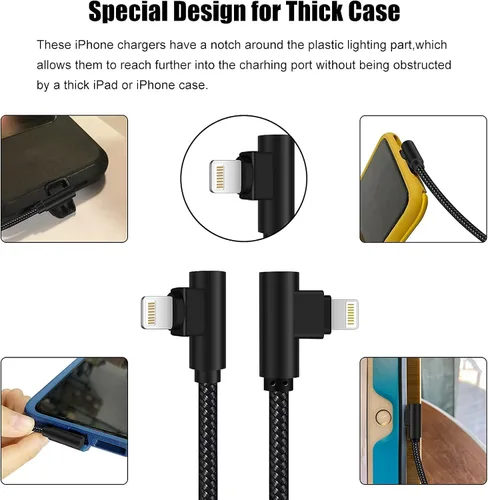 Vista 7 de Cargador para iPhone de 3 pies con certificación MFi, paquete de 3 cables Lightning trenzados de nailon de 90 grados, cable de carga en ángulo recto