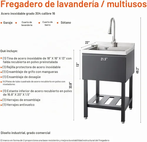 Vista 4 de TRINITY Fregadero independiente de acero inoxidable de un solo compartimento para garaje, cuarto de lavandería y uso comercial, incluye grifo