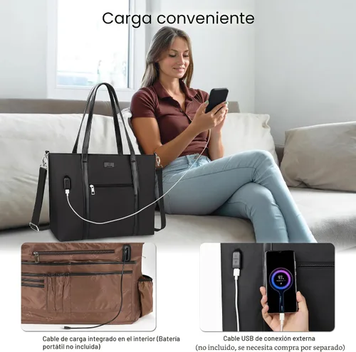 Vista 4 de Bolsa de mano para laptop de 15.6 pulgadas, maletín tipo bolsa de tamaño grande con puerto USB para mujer