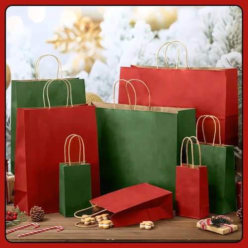 Vista 5 de Tenceur 100 bolsas de regalo de Navidad rojas y verdes, bolsas de papel kraft con asas, regalo de vacaciones para boda, baby shower, despedida