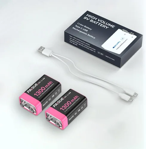 Vista 7 de Baterías recargables de 9 V, baterías de iones de litio de alta capacidad de 1300 mAh de larga duración de 9 voltios con cable de carga rápida USB C