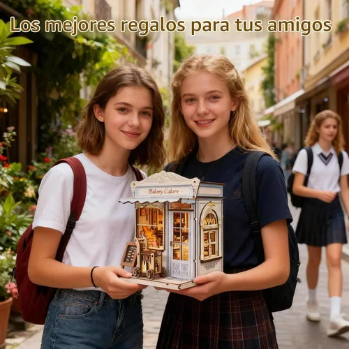 Vista 8 de Kit de construcción de casa en miniatura DIY, kit de rincón de lectura de panadería, rompecabezas de madera en 3D para estanterías, kit de casa