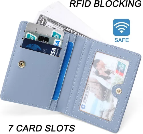 Vista 3 de Altally Cartera pequeña para mujer, con bloqueo RFID, billetera de bolsillo plegable, delgada, compacta, minicarteras para mujer, Azul, Cartera Rfid
