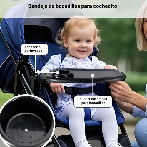 Vista 2 de Bandeja de aperitivos para cochecito compatible con Evenflo, con soporte para portavasos de cochecito, se mantiene en su lugar, fácil de instalar