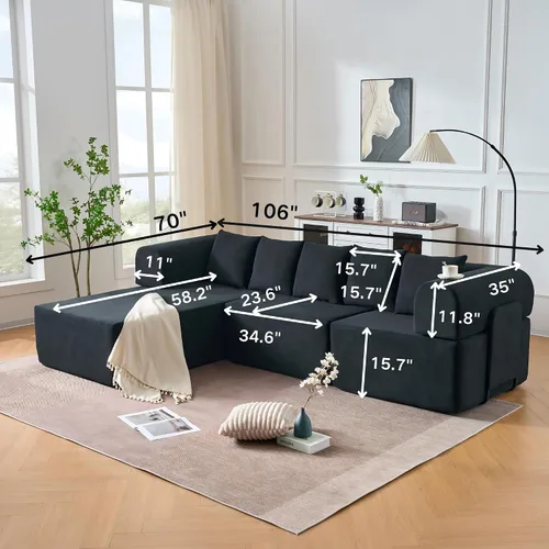 Vista 3 de Sofá modular de 106 pulgadas con diván en forma de L, moderno sofá modular Cloud con asiento profundo, cómodo sofá comprimido de terciopelo sin Negro