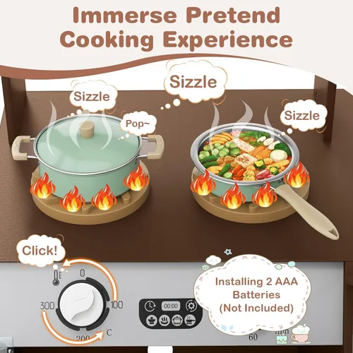 Vista 4 de INFANS Cocina esquinera para niños, juego de madera con carrito telescópico, luces realistas, sonidos, máquina de hielo, cajones de tela, horno