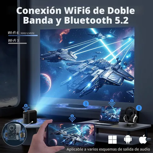 Vista 4 de Mini proyector con WiFi6 5G y Bluetooth, Native 1080P soporta video de película 4K, 350ANSI, corrección trapezoidal automática, enfoque eléctrico