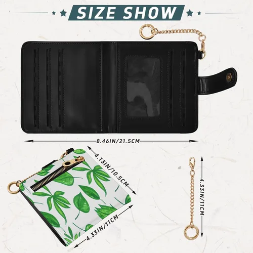 Vista 3 de Qilmy Green Leaves Compact Women's Wallet - RFID Blocking Bifold Card Case PU Leather Slim Travel Wallet with Zipper Coin Pocket, ID Window &