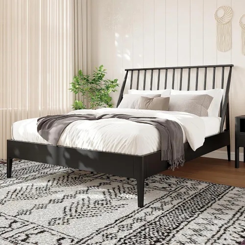 Vista 4 de JIVOIT Cama de plataforma de tamaño King con cabecera de 46.5 pulgadas de alto, marco de plataforma de madera de bambú maciza con listones de madera