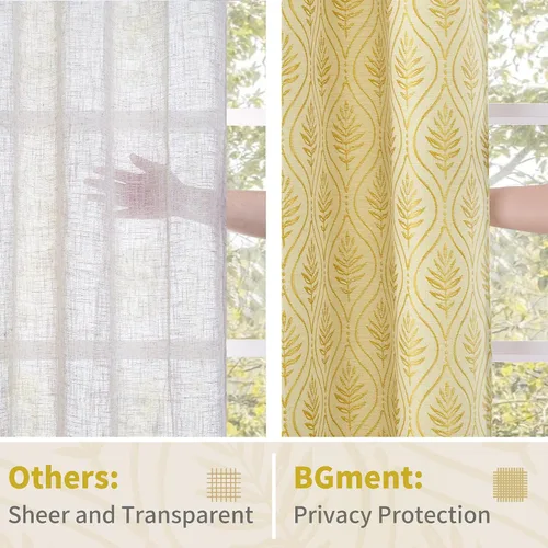 Vista 5 de BGment - Cortinas francesas de campo amarillas mostaza de 63 pulgadas de largo para dormitorio, patrón botánico de jacquard de hojas, estilo rústico