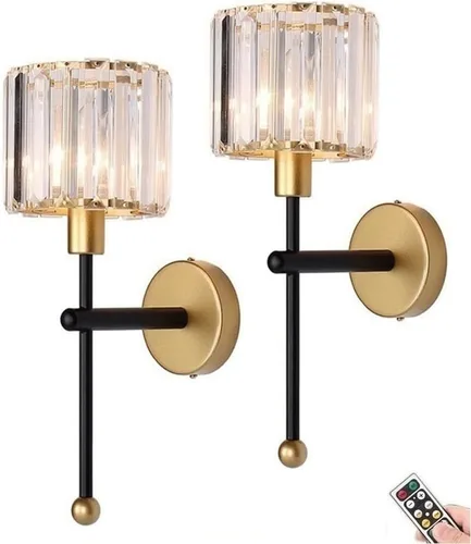 Vista 6 de Moderno juego de 2 apliques de pared de cristal de vidrio, funciona con pilas, luces de pared recargables doradas con control remoto, accesorio