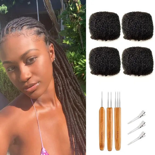 Vista 10 de Cabello humano afro apretado a granel para extensiones de rastas, 100% cabello humano, 4.23 onzas, 4 paquetes de 8 pulgadas de largo, extensiones