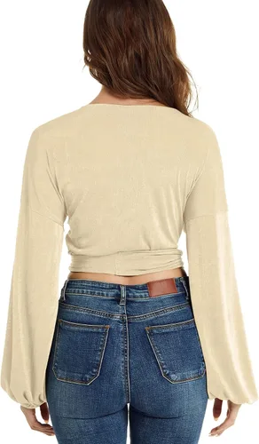 Vista 2 de LYANER Blusa corta de manga larga con cuello en V para mujer, con nudo y nudo
