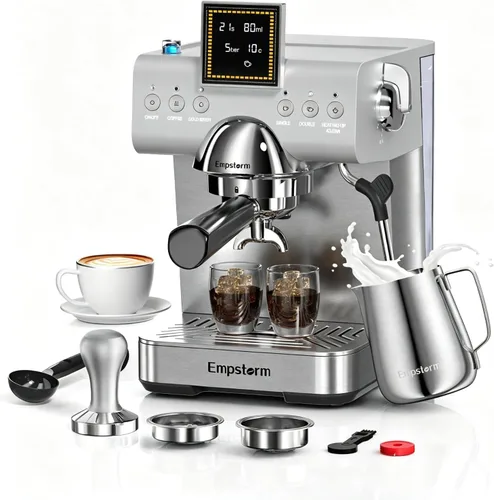 Vista 10 de Empstorm Cafetera Espresso 20 Bares con Espumador de Leche de Vapor, Cafetera Espresso de Acero Inoxidable con Pantalla LED Cafetera para Café