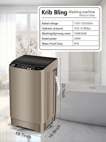 Vista 3 de KRIB BLING Bomba de drenaje portátil de 17.7 libras, lavadora completamente automática con pantalla LED, 10 programas y 8 niveles de agua Dorado