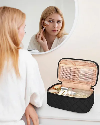 Vista 8 de Relavel Bolsa de maquillaje pequeña para mujer y niña, bolsa de maquillaje y brochas portátil de 2 capas, organizador de brochas de regalo de Navidad