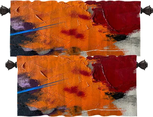 Vista 186 de Shrahala Beige and Orange Abstract Art Brushstrokes Blackout Curtain Tiers, Abstract Oil Paint Kitchen Valance Light Blocking Tier Drapes with Rod