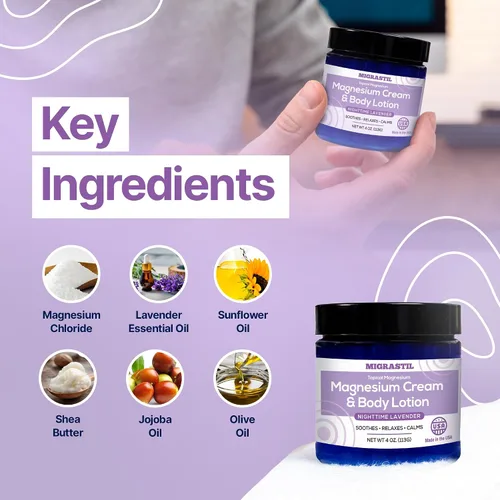 Vista 5 de MIGRASTIL Crema de magnesio y lavanda nocturna y loción corporal no grasa. Cloruro de magnesio extra fuerte de 250 mg para alivio muscular