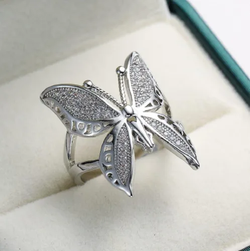 Vista 2 de Awmnjtmgpw - Anillo de compromiso de plata de ley 925 con diseño de mariposa brillante, plegable, con apertura ajustable