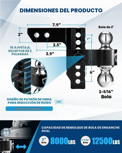 Vista 2 de Kohree Enganche de remolque ajustable de 6 pulgadas compatible con receptor de 2 pulgadas, bola doble sólida de 2" y 2-5/16" (12,500 LBS GTW)