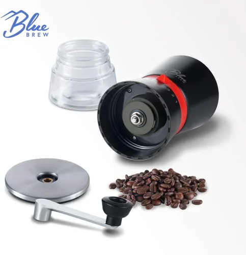 Vista 5 de Blue Brew Molinillo de café manual, molinillo de café manual con rebabas de cerámica y 15 grosores ajustables, 2 tarros de vidrio herméticos