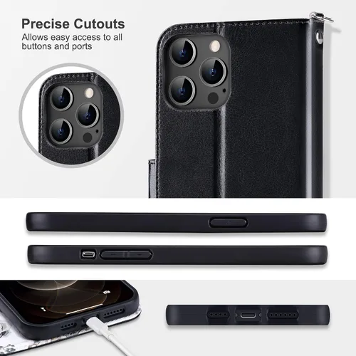 Vista 8 de ULAK Compatible con iPhone 12 Pro Max Funda Cartera con Portarjetas, Funda de Cuero PU con Soporte Plegable Ranuras para Tarjetas Correa de Muñeca