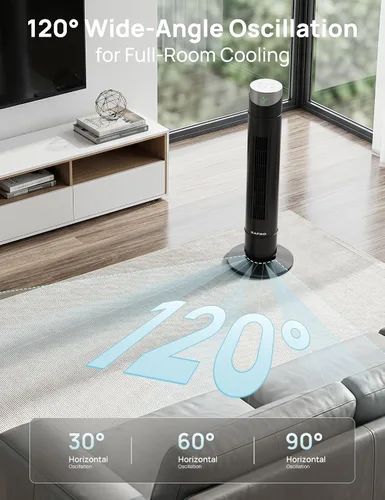 Vista 12 de ZAFRO Ventilador de torre inteligente para dormitorio, ventilador de torre oscilante de 120°, 28 pies/s de alta velocidad, 12 velocidades, 4 modos