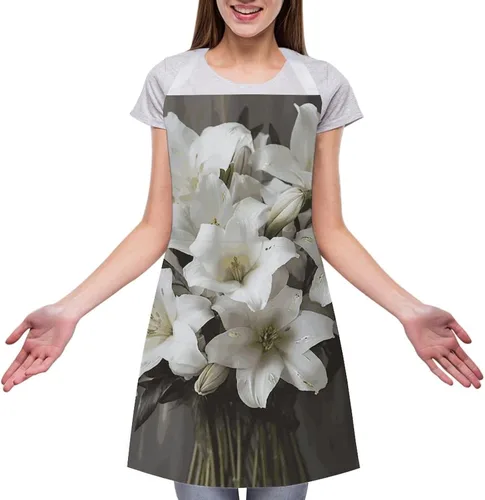 Vista 3 de Personalized White Lily Bouquet Adult Apron, Kitchen Cooking Aprons for Woman Man, Adjustable Bib Apron with Pocket for Baking, BBQ Crafting