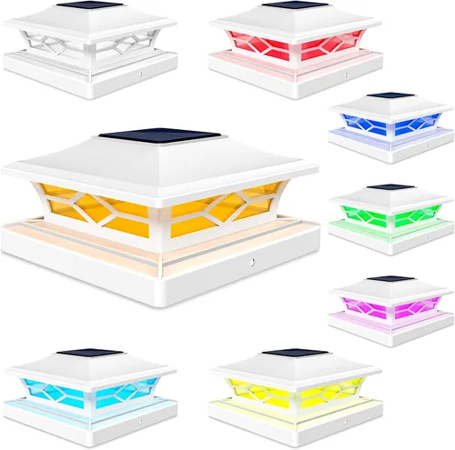 Vista 9 de VOLISUN Luz Solar para Poste Impermeable al Aire Libre: Cambio de Color RGB - Luces Intermitentes de Tapa Solar para Cerca 4 Unidades Blancas