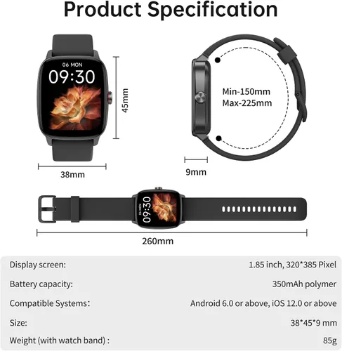 Vista 9 de Relojes inteligentes para mujeres y hombres con llamada Bluetooth y voz IA, rastreador de fitness HD de 1.85" con monitor de frecuencia cardíaca