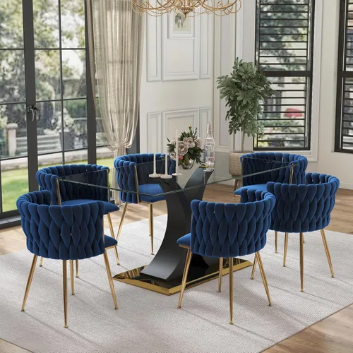 Vista 15 de Juego de comedor moderno de vidrio de lujo de 5 piezas, juego de cena rectangular minimalista grande para 4, juego de mesa de cocina de vidrio