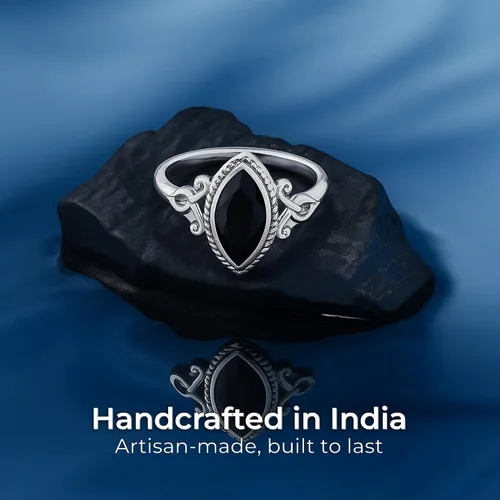 Vista 4 de Cut Marquise Black Onyx Ethnic Delicate Ring 925 Sterling Silver Vintage Tribal Gipsy Boho Look