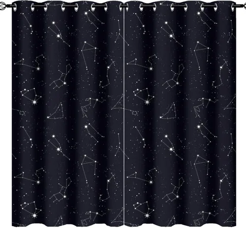 Vista 82 de Cortinas opacas de constelación para sala de estar, arte moderno abstracto, negro, galaxia, blanco, patrón de símbolo de constelación