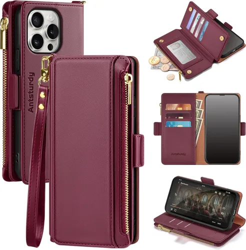 Vista 13 de Antsturdy Compatible con iPhone 15 Pro Max Funda Cartera para Mujeres【Bloqueo RFID】Funda de Teléfono Cruzada de Cuero PU con Cremallera y Correa